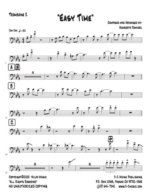 Easy Time trombone 2 Latin jazz printed sheet music www.3-2music.com composer and arranger Humberto Ramírez big band 4-4-5 instrumentation