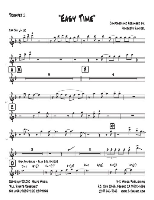 Easy Time trumpet 1 Latin jazz printed sheet music www.3-2music.com composer and arranger Humberto Ramírez big band 4-4-5 instrumentation