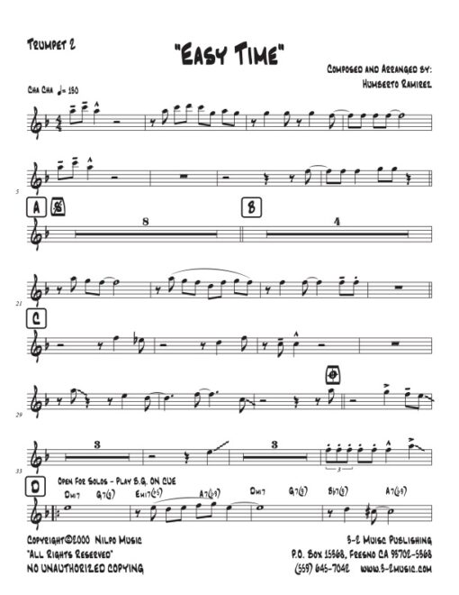Easy Time trumpet 2 Latin jazz printed sheet music www.3-2music.com composer and arranger Humberto Ramírez big band 4-4-5 instrumentation