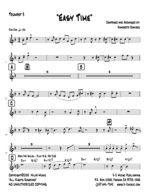 Easy Time trumpet 3 Latin jazz printed sheet music www.3-2music.com composer and arranger Humberto Ramírez big band 4-4-5 instrumentation
