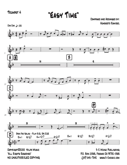 Easy Time trumpet 4 Latin jazz printed sheet music www.3-2music.com composer and arranger Humberto Ramírez big band 4-4-5 instrumentation