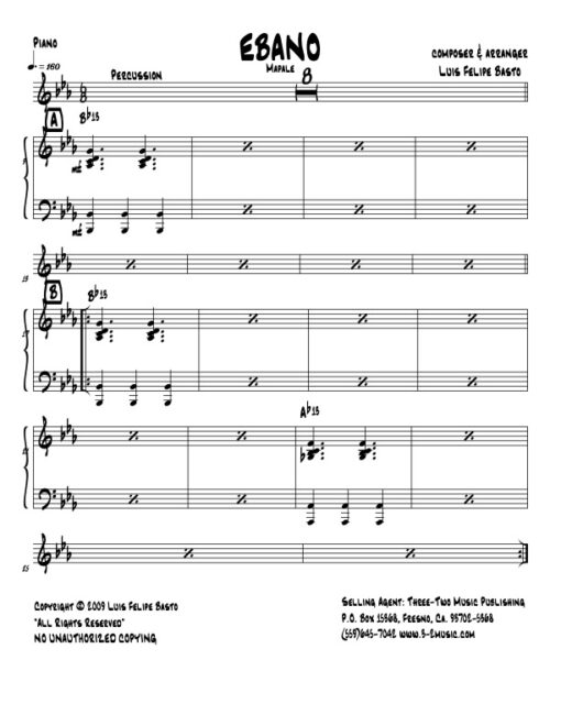 Ebano piano (Download) Latin jazz printed sheet music www.3-2music.com composer and arranger Luis Felipe Basto big band 4-4-5 instrumentation