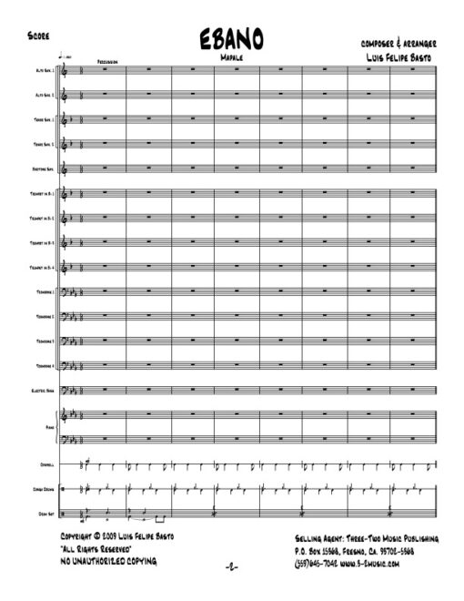 Ebano score (Download) Latin jazz printed sheet music www.3-2music.com composer and arranger Luis Felipe Basto big band 4-4-5 instrumentation