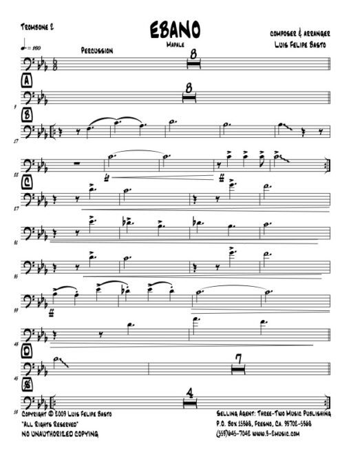 Ebano trombone 2 (Download) Latin jazz printed sheet music www.3-2music.com composer and arranger Luis Felipe Basto big band 4-4-5 instrumentation