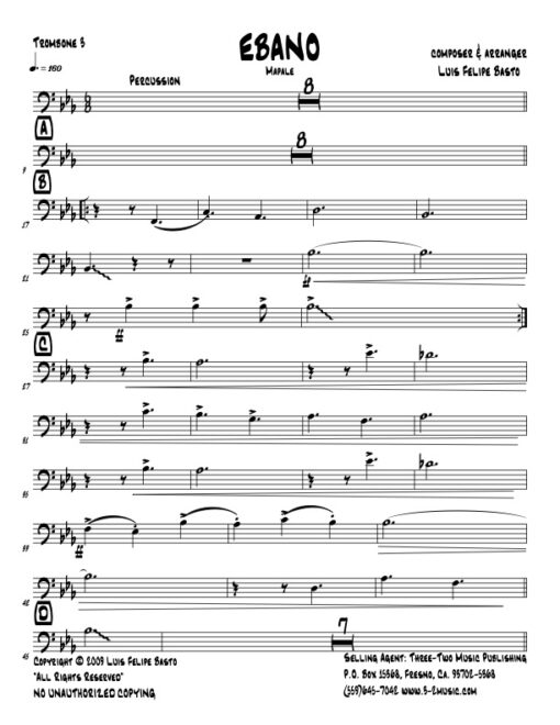 Ebano trombone 3 (Download) Latin jazz printed sheet music www.3-2music.com composer and arranger Luis Felipe Basto big band 4-4-5 instrumentation