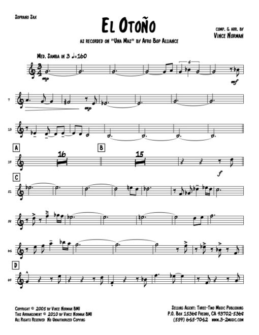 El Otono soprano (Download) Latin jazz printed sheet music www.3-2music.com composer and arranger Vince Norman big band 4-4-5 instrumentation