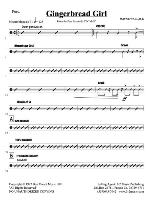 Gingerbread Girl V.2 percussion (Download) Latin jazz printed sheet music www.3-2music.com composer and arranger Wayne Wallace big band 4-4-5