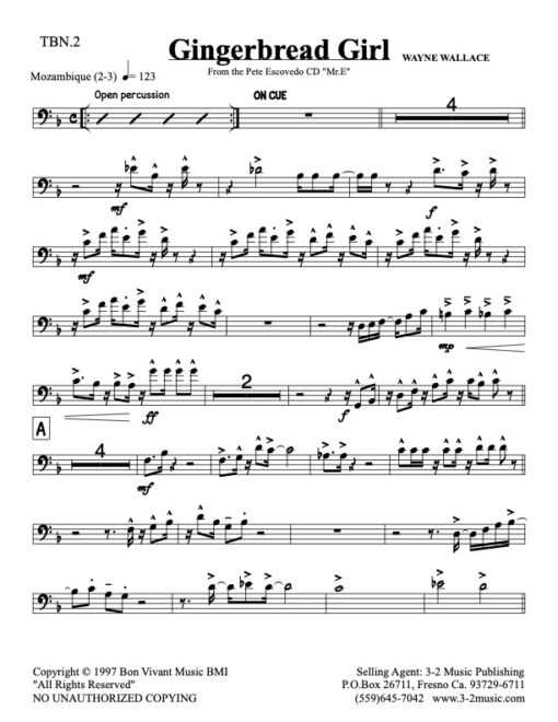 Gingerbread Girl V.2 trombone 2 (Download) Latin jazz printed sheet music www.3-2music.com composer and arranger Wayne Wallace big band 4-4-5