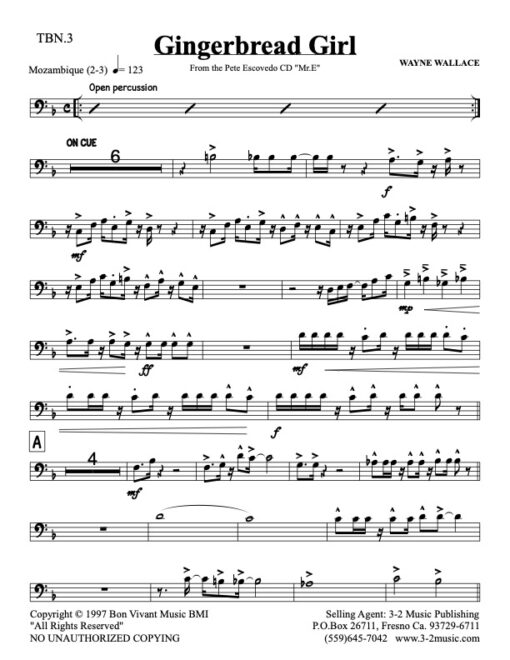 Gingerbread Girl V.2 trombone 3 (Download) Latin jazz printed sheet music www.3-2music.com composer and arranger Wayne Wallace big band 4-4-5