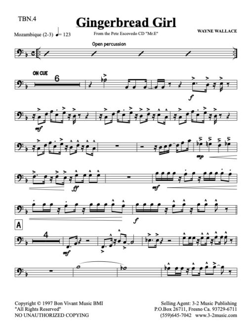 Gingerbread Girl V.2 trombone 4 (Download) Latin jazz printed sheet music www.3-2music.com composer and arranger Wayne Wallace big band 4-4-5