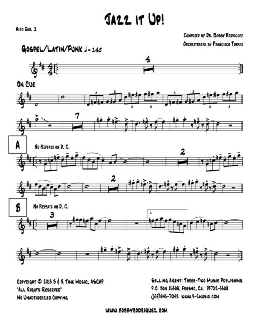 Jazz It Up alto 1 (Download) Latin jazz printed sheet music www.3-2music.com composer and arranger Bobby Rodriguez big band 4-4-5 instrumentation