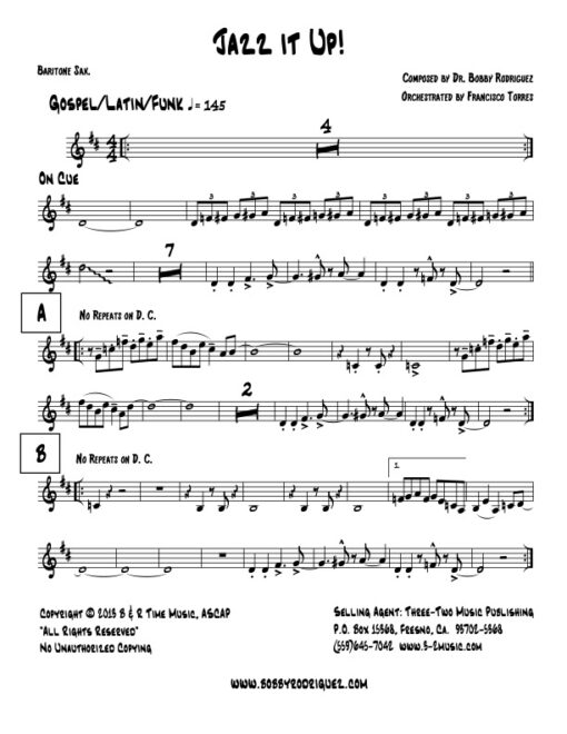 Jazz It Up baritone (Download) Latin jazz printed sheet music www.3-2music.com composer and arranger Bobby Rodriguez big band 4-4-5 instrumentation