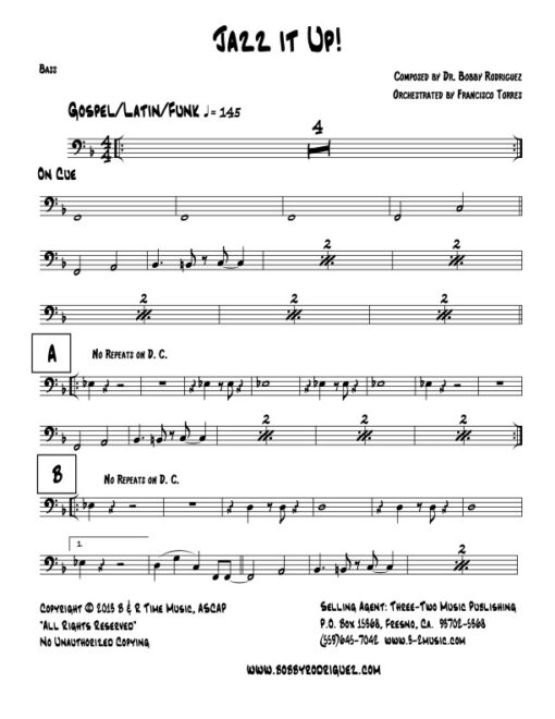Jazz It Up bass (Download) Latin jazz printed sheet music www.3-2music.com composer and arranger Bobby Rodriguez big band 4-4-5 instrumentation