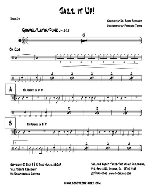 Jazz It Up drums (Download) Latin jazz printed sheet music www.3-2music.com composer and arranger Bobby Rodriguez big band 4-4-5 instrumentation