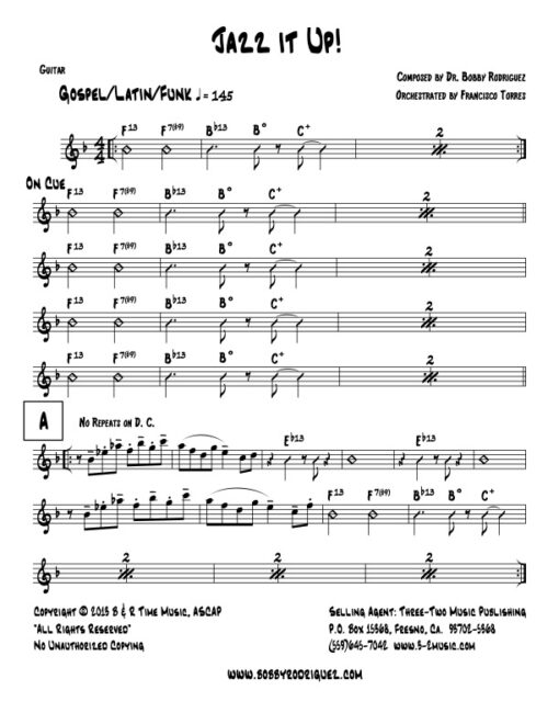 Jazz It Up guitar (Download) Latin jazz printed sheet music www.3-2music.com composer and arranger Bobby Rodriguez big band 4-4-5 instrumentation
