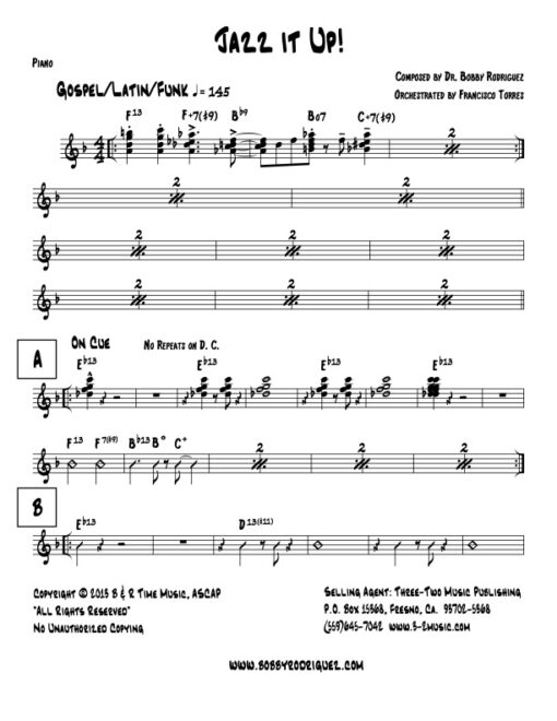 Jazz It Up piano (Download) Latin jazz printed sheet music www.3-2music.com composer and arranger Bobby Rodriguez big band 4-4-5 instrumentation
