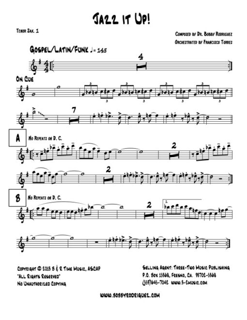 Jazz It Up tenor 1 (Download) Latin jazz printed sheet music www.3-2music.com composer and arranger Bobby Rodriguez big band 4-4-5 instrumentation
