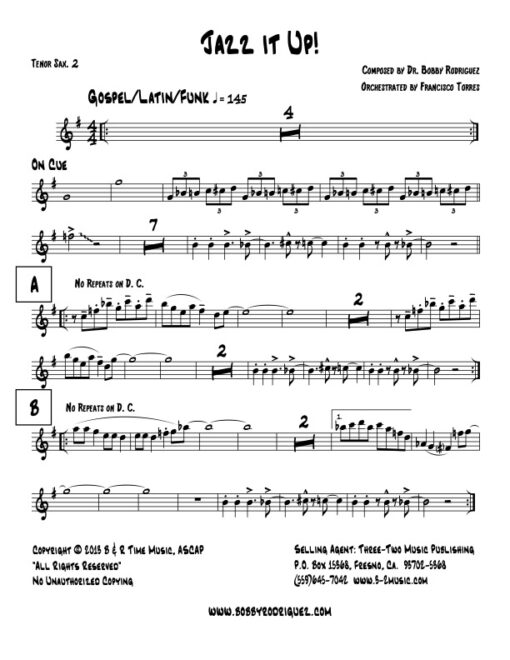 Jazz It Up tenor 2 (Download) Latin jazz printed sheet music www.3-2music.com composer and arranger Bobby Rodriguez big band 4-4-5 instrumentation