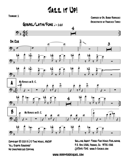 Jazz It Up trombone 1 (Download) Latin jazz printed sheet music www.3-2music.com composer and arranger Bobby Rodriguez big band 4-4-5 instrumentation