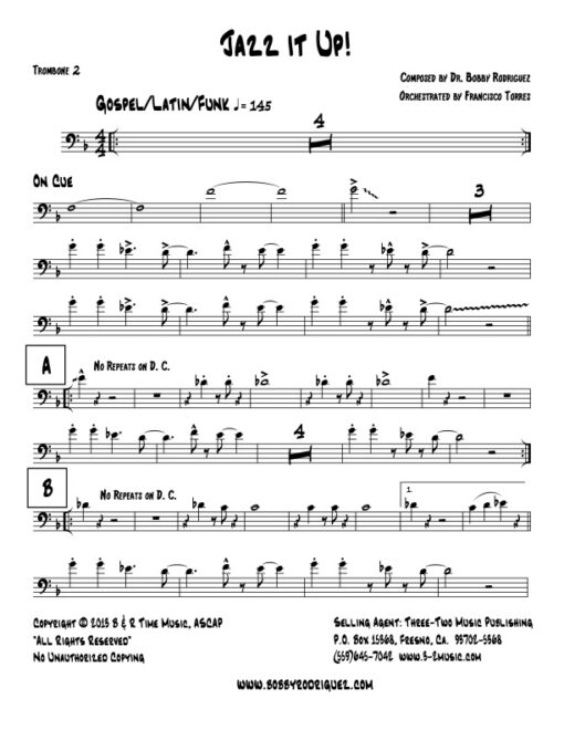 Jazz It Up trombone 2 (Download) Latin jazz printed sheet music www.3-2music.com composer and arranger Bobby Rodriguez big band 4-4-5 instrumentation
