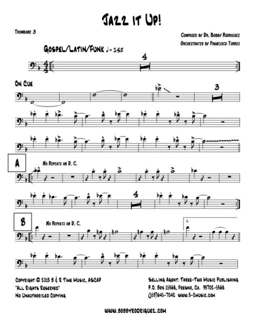 Jazz It Up trombone 3 (Download) Latin jazz printed sheet music www.3-2music.com composer and arranger Bobby Rodriguez big band 4-4-5 instrumentation