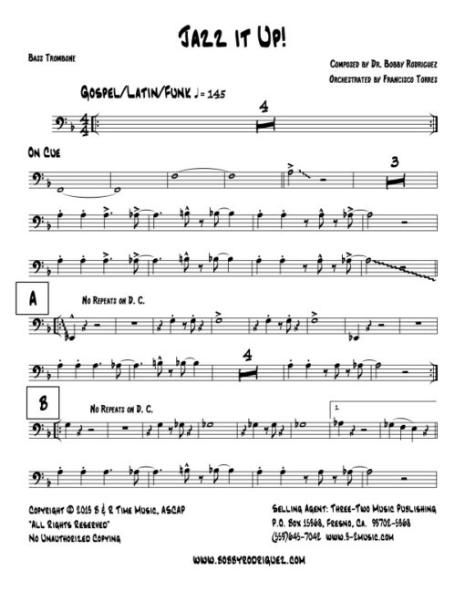 Jazz It Up trombone 4 (Download) Latin jazz printed sheet music www.3-2music.com composer and arranger Bobby Rodriguez big band 4-4-5 instrumentation