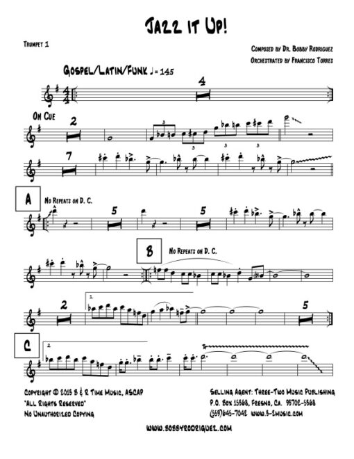 Jazz It Up trumpet 1 (Download) Latin jazz printed sheet music www.3-2music.com composer and arranger Bobby Rodriguez big band 4-4-5 instrumentation