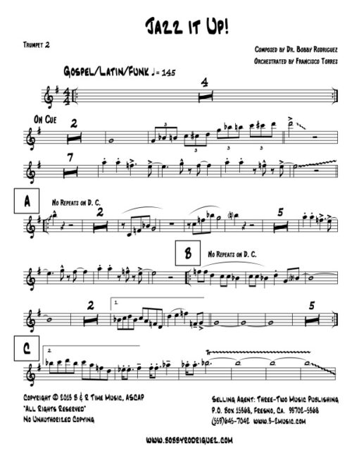 Jazz It Up trumpet 2 (Download) Latin jazz printed sheet music www.3-2music.com composer and arranger Bobby Rodriguez big band 4-4-5 instrumentation