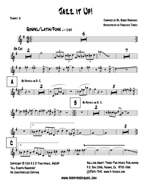 Jazz It Up trumpet 3 (Download) Latin jazz printed sheet music www.3-2music.com composer and arranger Bobby Rodriguez big band 4-4-5 instrumentation