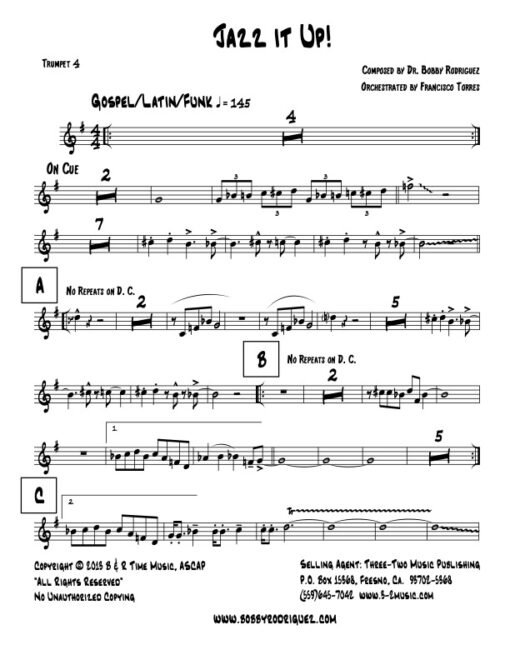 Jazz It Up trumpet 4 (Download) Latin jazz printed sheet music www.3-2music.com composer and arranger Bobby Rodriguez big band 4-4-5 instrumentation