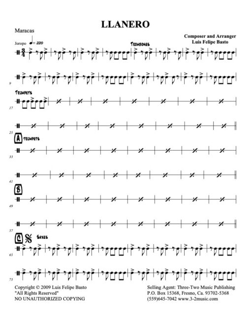 Llanero maracas (Download) Latin jazz printed sheet music www.3-2music.com composer and arranger Jose Felipe Basto big band 4-4-5 instrumentation