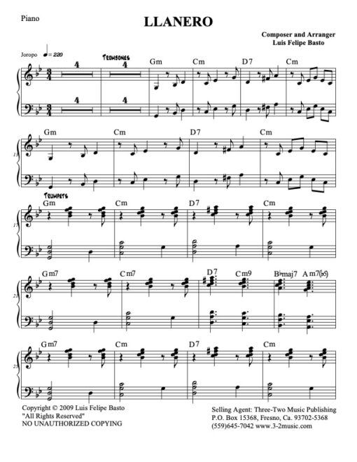 Llanero piano (Download) Latin jazz printed sheet music www.3-2music.com composer and arranger Jose Felipe Basto big band 4-4-5 instrumentation