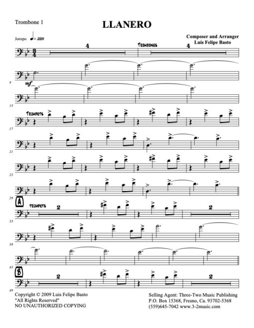 Llanero trombone 1 (Download) Latin jazz printed sheet music www.3-2music.com composer and arranger Jose Felipe Basto big band 4-4-5 instrumentation
