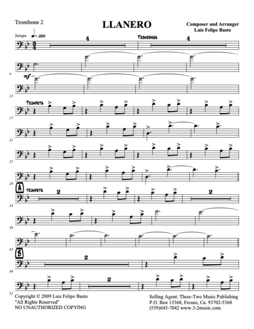 Llanero trombone 2 (Download) Latin jazz printed sheet music www.3-2music.com composer and arranger Jose Felipe Basto big band 4-4-5 instrumentation