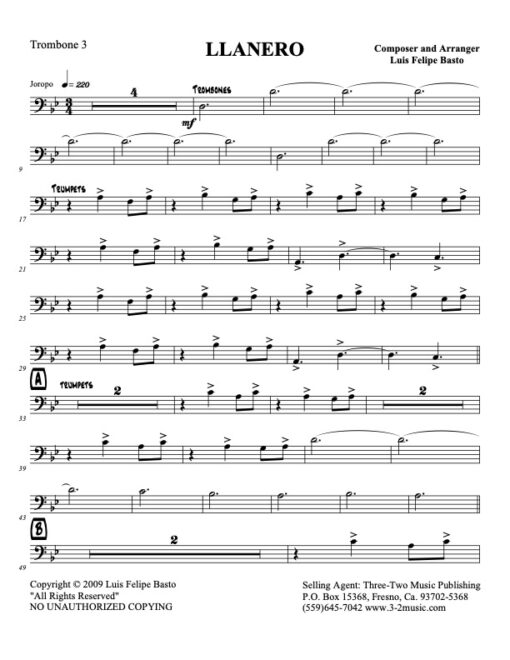 Llanero trombone 3 (Download) Latin jazz printed sheet music www.3-2music.com composer and arranger Jose Felipe Basto big band 4-4-5 instrumentation