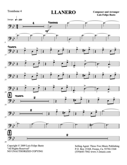 Llanero trombone 4 (Download) Latin jazz printed sheet music www.3-2music.com composer and arranger Jose Felipe Basto big band 4-4-5 instrumentation