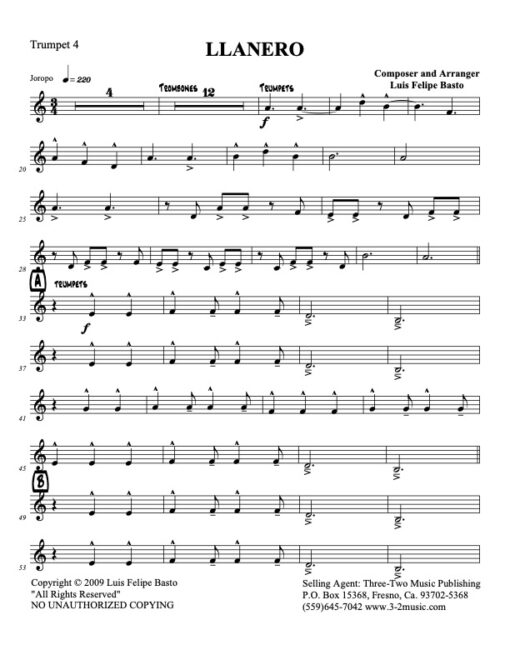 Llanero trumpet 4 (Download) Latin jazz printed sheet music www.3-2music.com composer and arranger Jose Felipe Basto big band 4-4-5 instrumentation