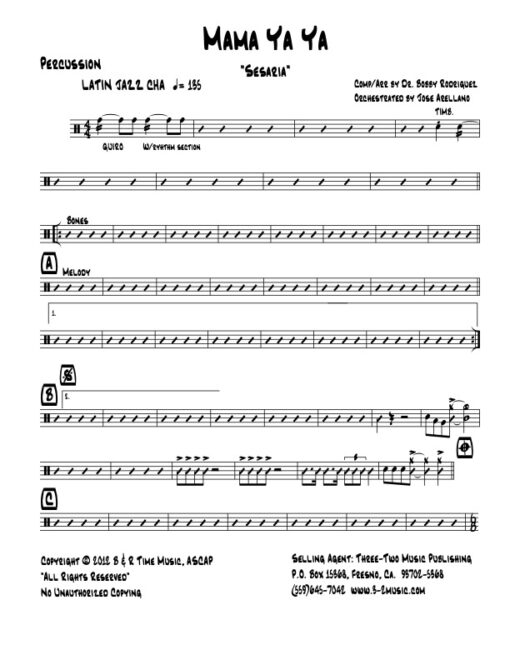 Mama Ya Ya drums (Download) Latin jazz printed sheet music www.3-2music.com composer and arranger Bobby Rodriguez big band 4-4-5 instrumentation