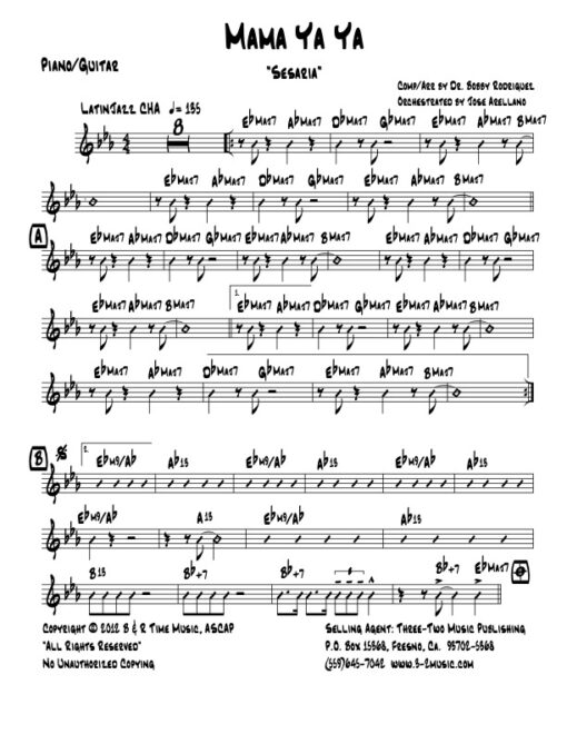 Mama Ya Ya piano/guitar (Download) Latin jazz printed sheet music www.3-2music.com composer and arranger Bobby Rodriguez big band 4-4-5 instrumentation