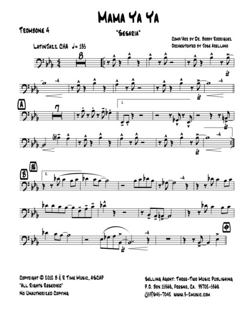 Mama Ya Ya trombone 4 (Download) Latin jazz printed sheet music www.3-2music.com composer and arranger Bobby Rodriguez big band 4-4-5 instrumentation
