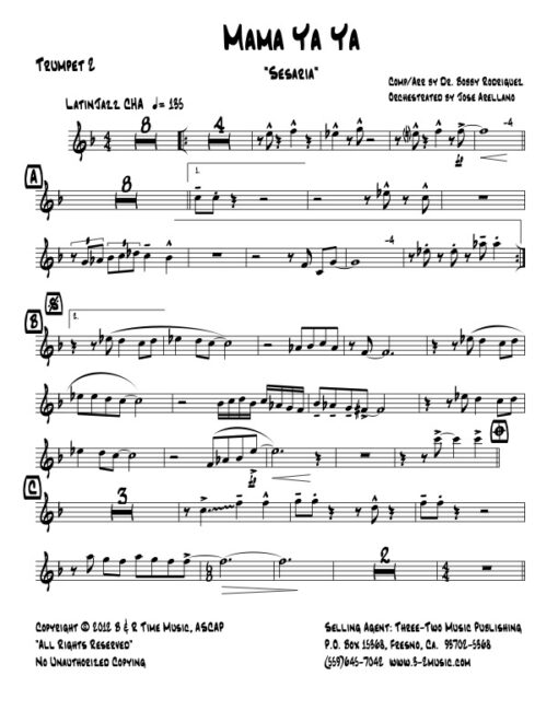 Mama Ya Ya trumpet 2 (Download) Latin jazz printed sheet music www.3-2music.com composer and arranger Bobby Rodriguez big band 4-4-5 instrumentation