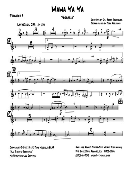 Mama Ya Ya trumpet 3 (Download) Latin jazz printed sheet music www.3-2music.com composer and arranger Bobby Rodriguez big band 4-4-5 instrumentation