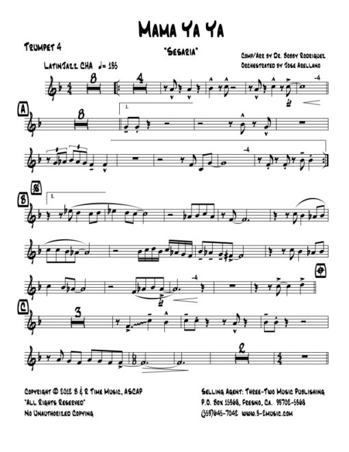 Mama Ya Ya trumpet 4 (Download) Latin jazz printed sheet music www.3-2music.com composer and arranger Bobby Rodriguez big band 4-4-5 instrumentation