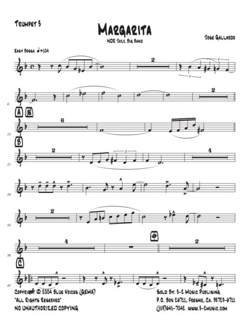 Margarita trumpet 3 (Download) Latin jazz printed sheet music www.3-2music.com composer and arranger Joe Gallardo big band 4-4-5 instrumentation