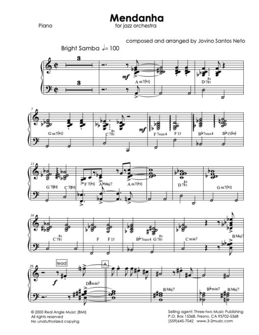 Mendanha piano (Download) Latin jazz printed sheet music www.3-2music.com composer and arranger Jovino Santos Neto big band 4-4-5 instrumentation,