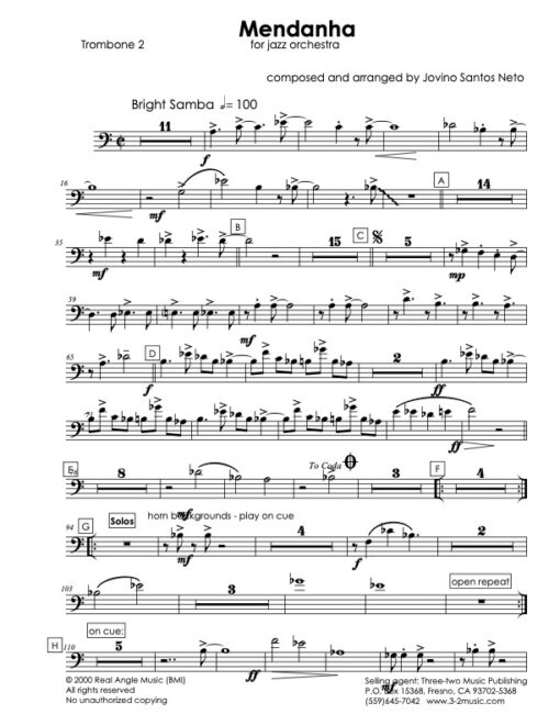 Mendanha trombone 2 (Download) Latin jazz printed sheet music www.3-2music.com composer and arranger Jovino Santos Neto big band 4-4-5 instrumentation,