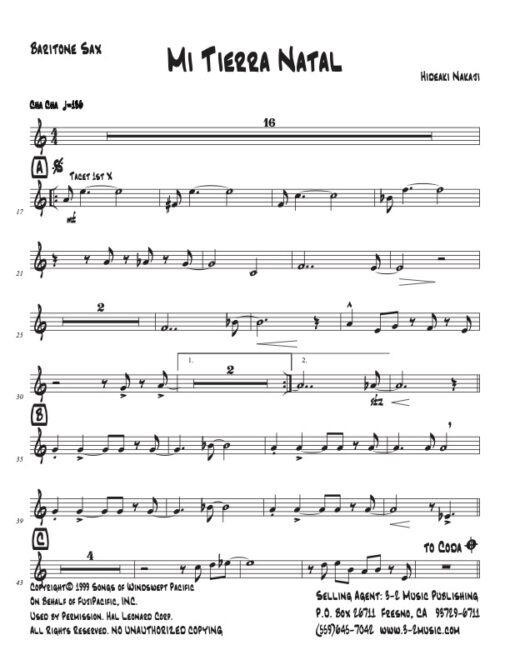 Mi Tierra Natal baritone (Download) Latin jazz printed sheet music www.3-2music.com composer and arranger Hideaki Nakaji big band 4-4-5 instrumentation