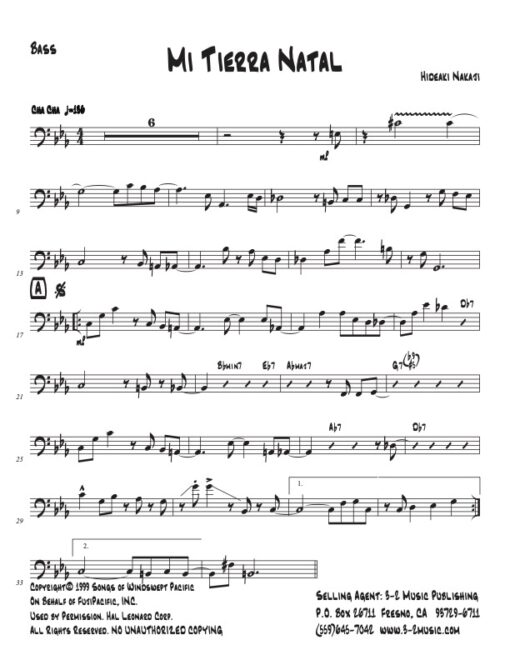 Mi Tierra Natal bass (Download) Latin jazz printed sheet music www.3-2music.com composer and arranger Hideaki Nakaji big band 4-4-5 instrumentation