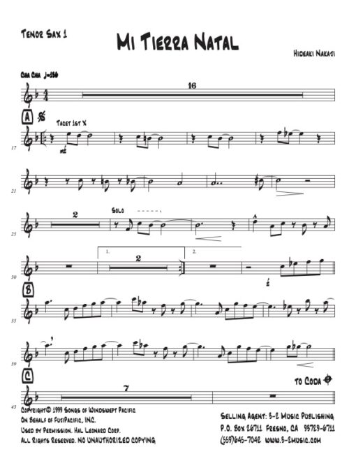Mi Tierra Natal tenor 1 (Download) Latin jazz printed sheet music www.3-2music.com composer and arranger Hideaki Nakaji big band 4-4-5 instrumentation