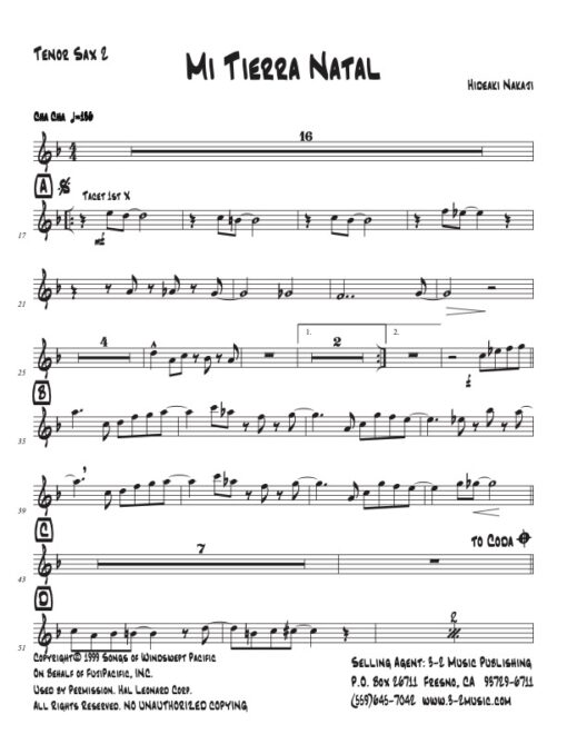 Mi Tierra Natal tenor 2 (Download) Latin jazz printed sheet music www.3-2music.com composer and arranger Hideaki Nakaji big band 4-4-5 instrumentation